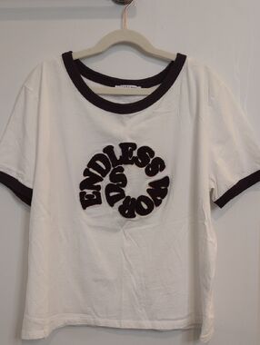 Zara White Short Sleeve Tee with Black Trim and Graphic